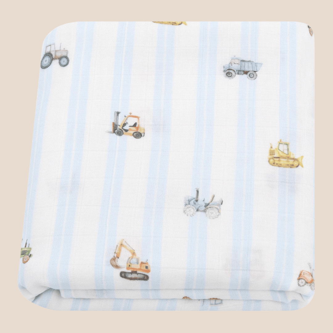 Cotton Craft bamboo cotton blanket Blue Tractor Print Stripped Cotton Baby Swaddle Blanket Personalized and custom baby gifts