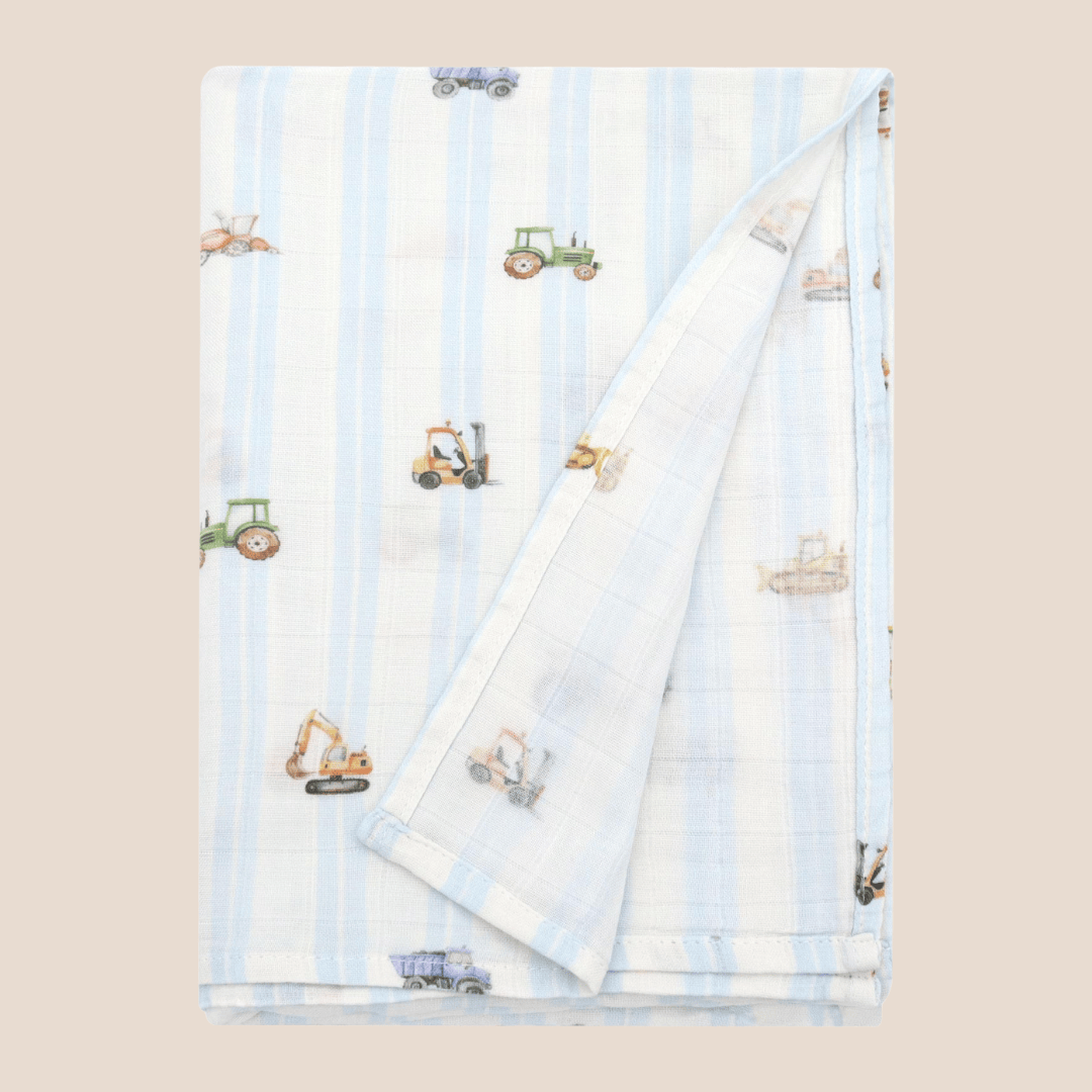 Cotton Craft bamboo cotton blanket Blue Tractor Print Stripped Cotton Baby Swaddle Blanket Personalized and custom baby gifts