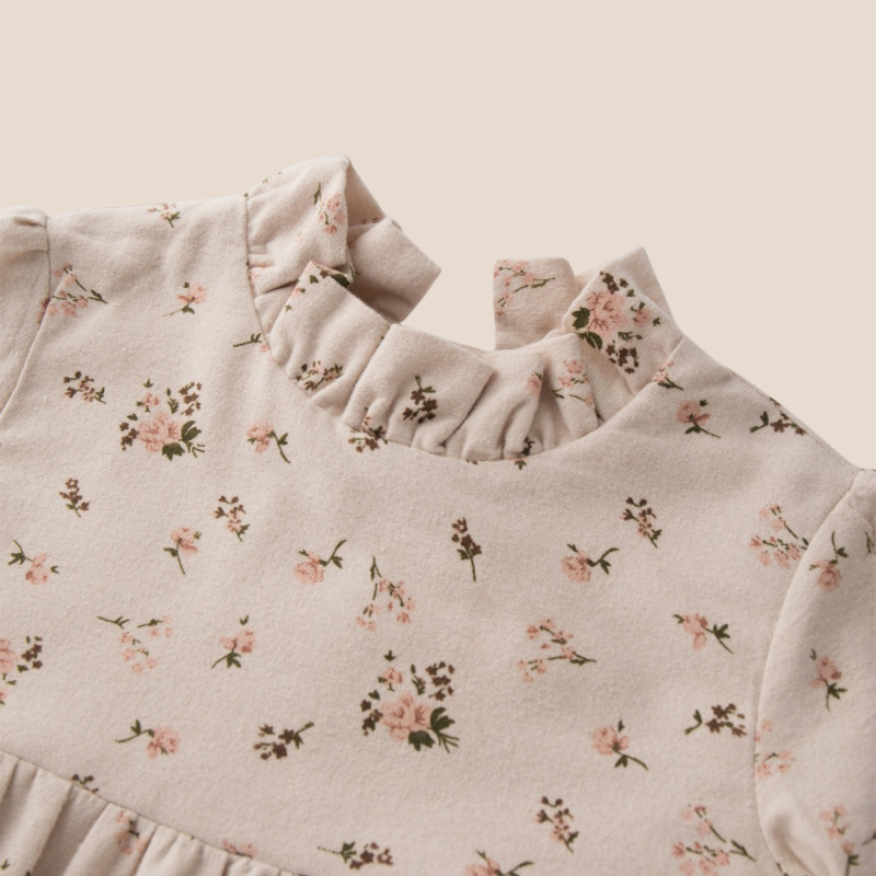 Baby girl floral cotton dress romper with ruffle collar – front view