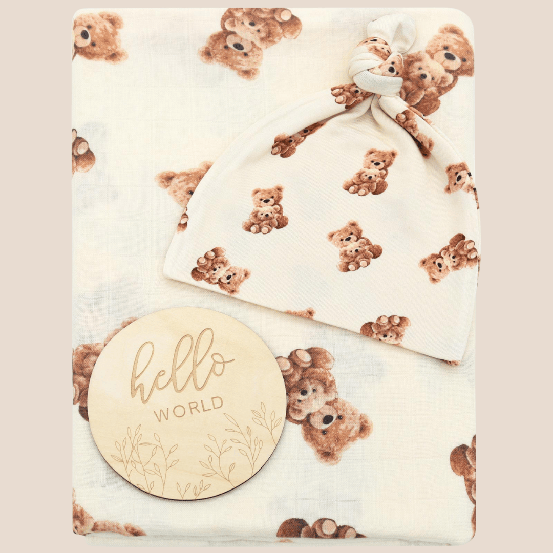 Cotton Craft bamboo cotton blanket Organic Bamboo Cotton Baby Swaddle Gift Set with Hat & Wooden Birth Card Personalized and custom baby gifts