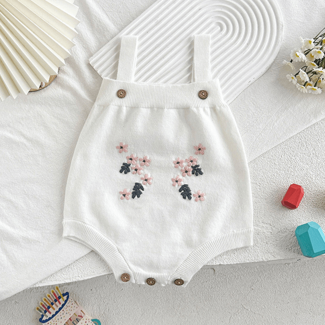 Cotton Craft baby apparel Blossom Knit Cotton Baby Romper with Pink Floral Embroidery | Size 3–6 Months Personalized and custom baby gifts