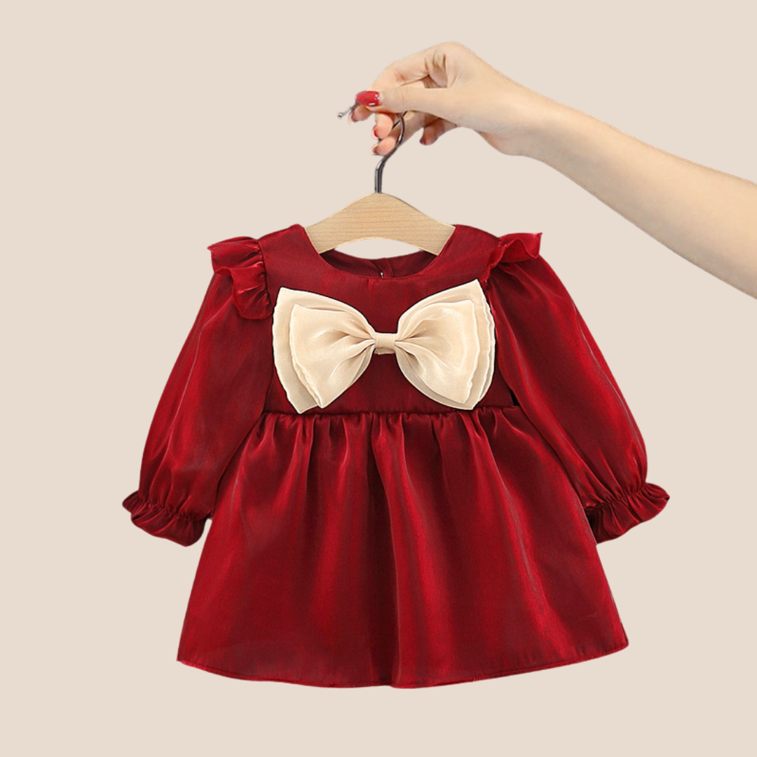 Baby Girl Bow Tie Flared Christmas Dress-red
