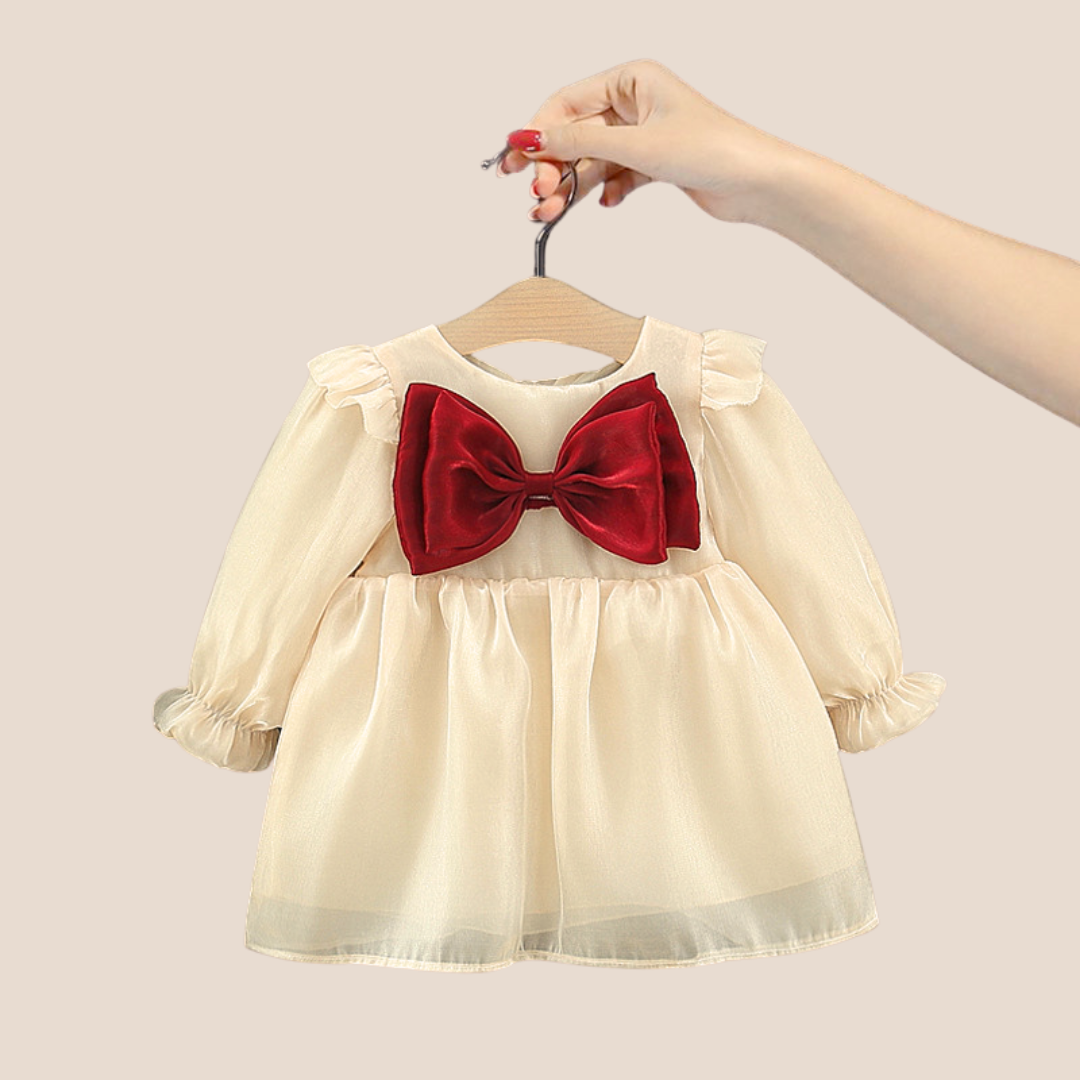 Baby Girl Bow Tie Flared Christmas Dress-white
