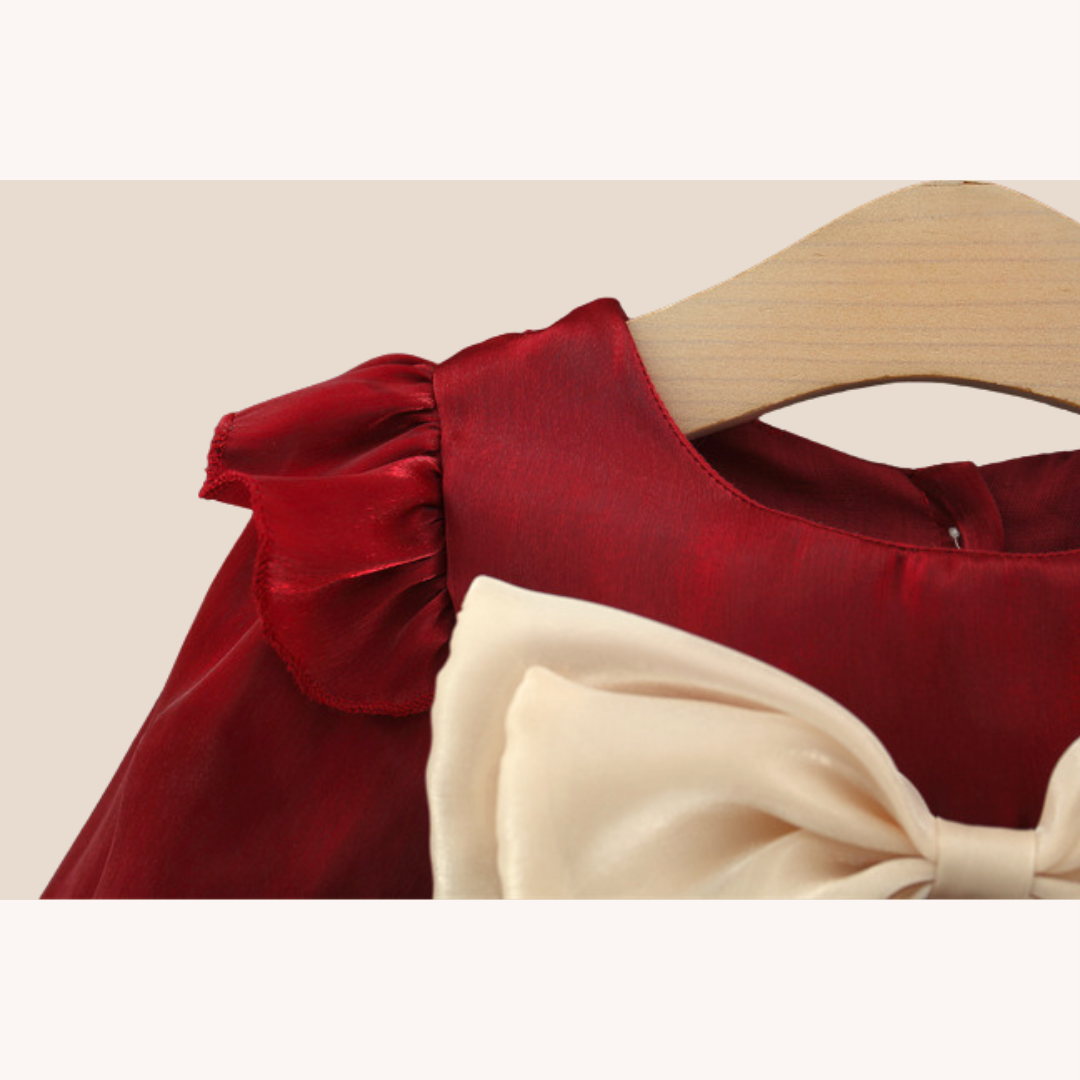Baby Girl Bow Tie Flared Christmas Dress- shoulder frill