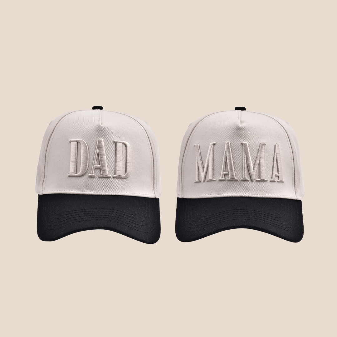 Cotton Craft Baseball Caps Mama + Dad Embroidered Baseball Cap Set Personalized and custom baby gifts