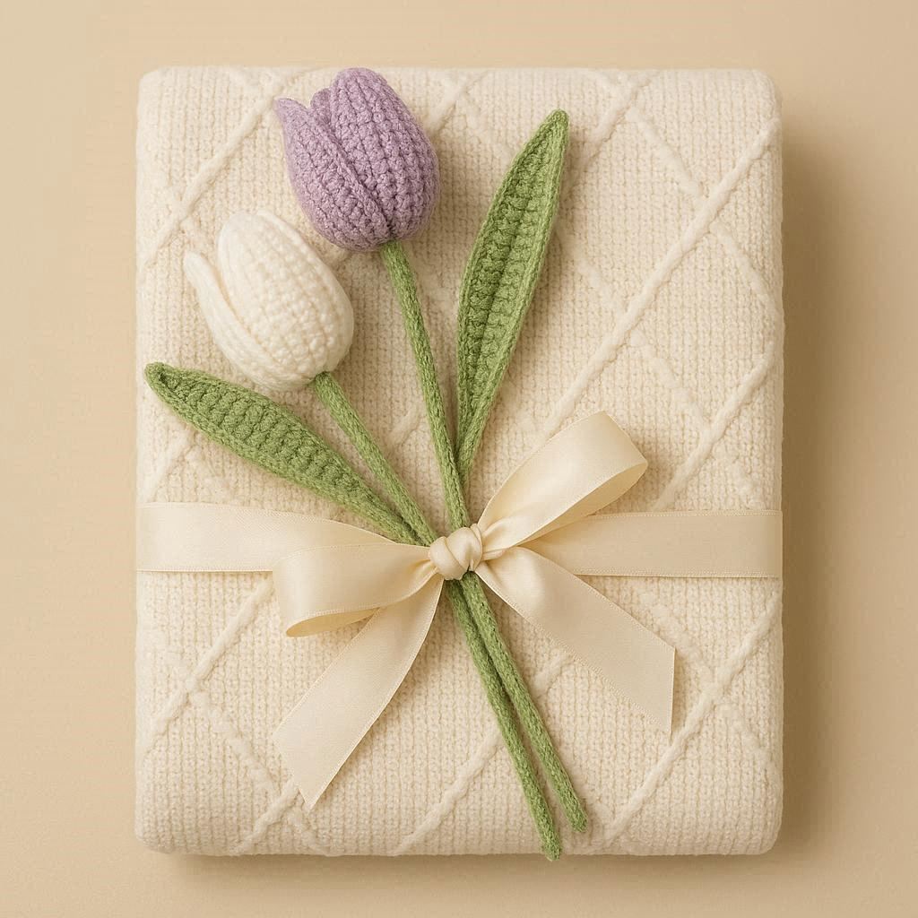 Gift box with knitted tulips on a beige background