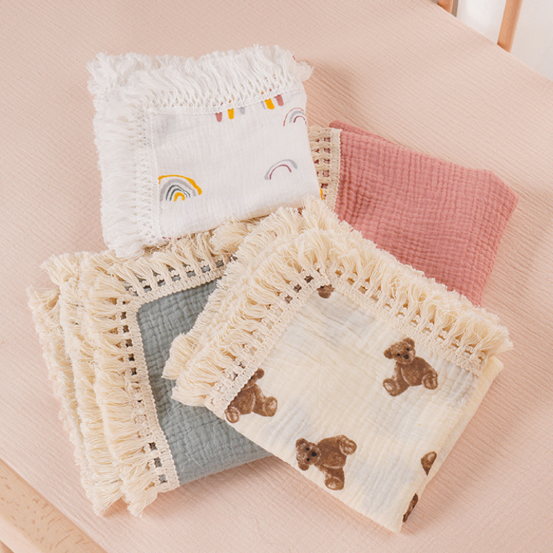 Fringed Muslin Cotton Baby Swaddle Blanket – Teddy Bear Print