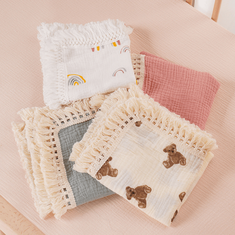 Cotton Craft 100% Cotton baby swaddle Fringed Muslin Cotton Baby Swaddle Blanket – Teddy Bear Print Personalized and custom baby gifts