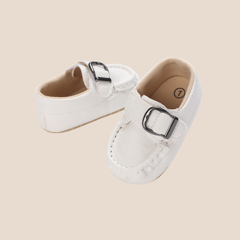 White soft sole baby shoes with buckle for unisex infant outfit