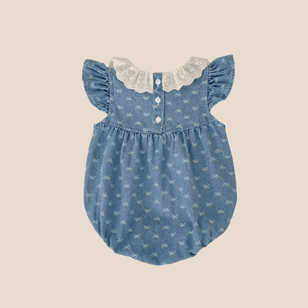 Cotton Craft baby apparel Baby Girl Denim Romper with Lace Collar – Summer Ruffle Sleeve Outfit | Soft Cotton Newborn Gift Personalized and custom baby gifts