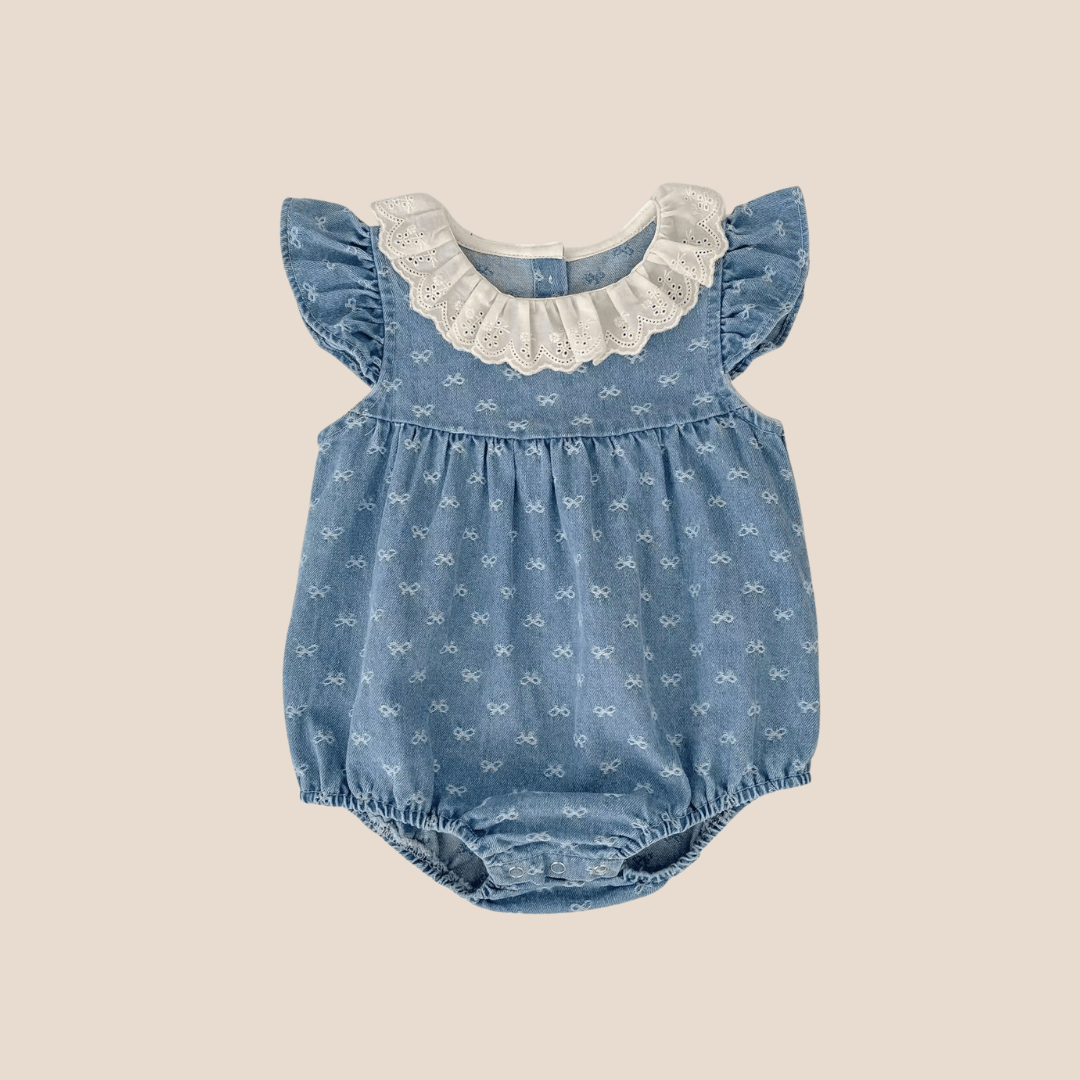 Cotton Craft baby apparel Baby Girl Denim Romper with Lace Collar – Summer Ruffle Sleeve Outfit | Soft Cotton Newborn Gift Personalized and custom baby gifts