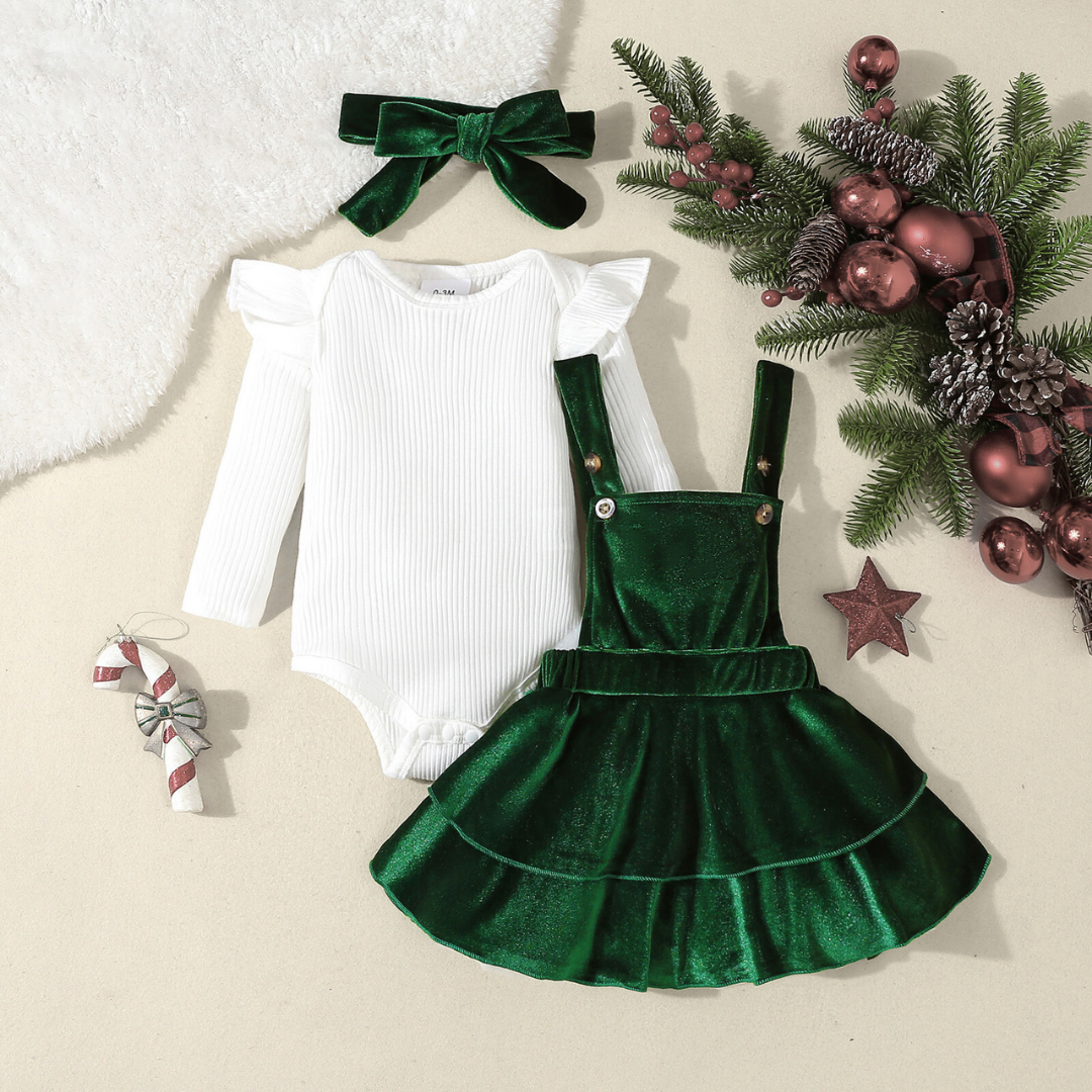 Emerald Velvet & Cotton Holiday Suspender Baby Skirt Set