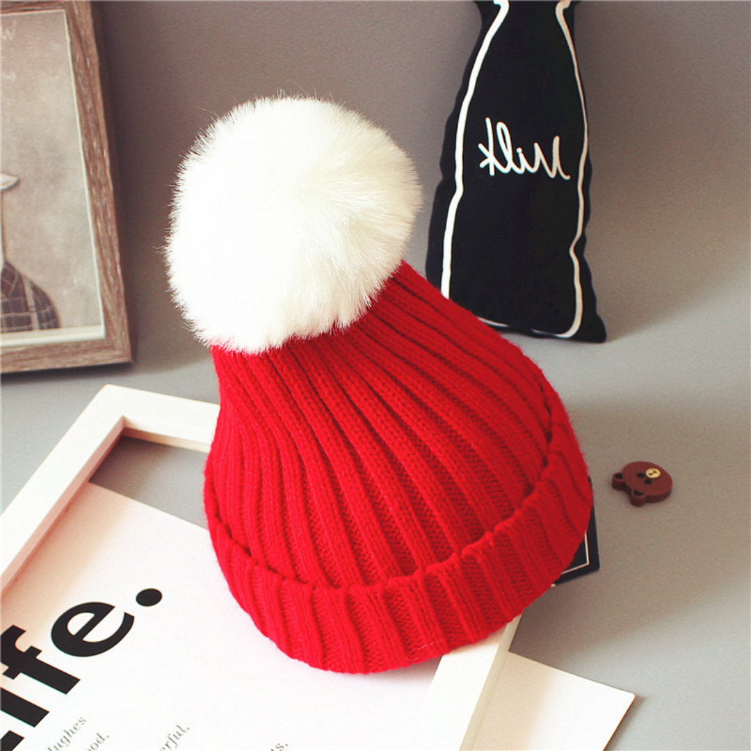 Festive Red Baby Beanie with White Fluff Pom