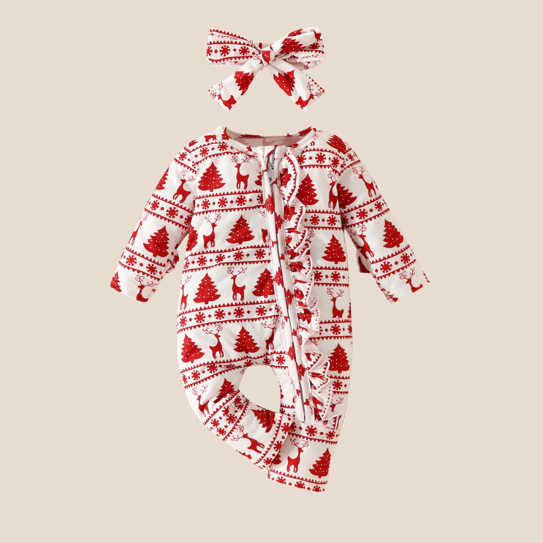 Baby romper and headband set in red reindeer and Christmas tree print with ruffle zipper trim.