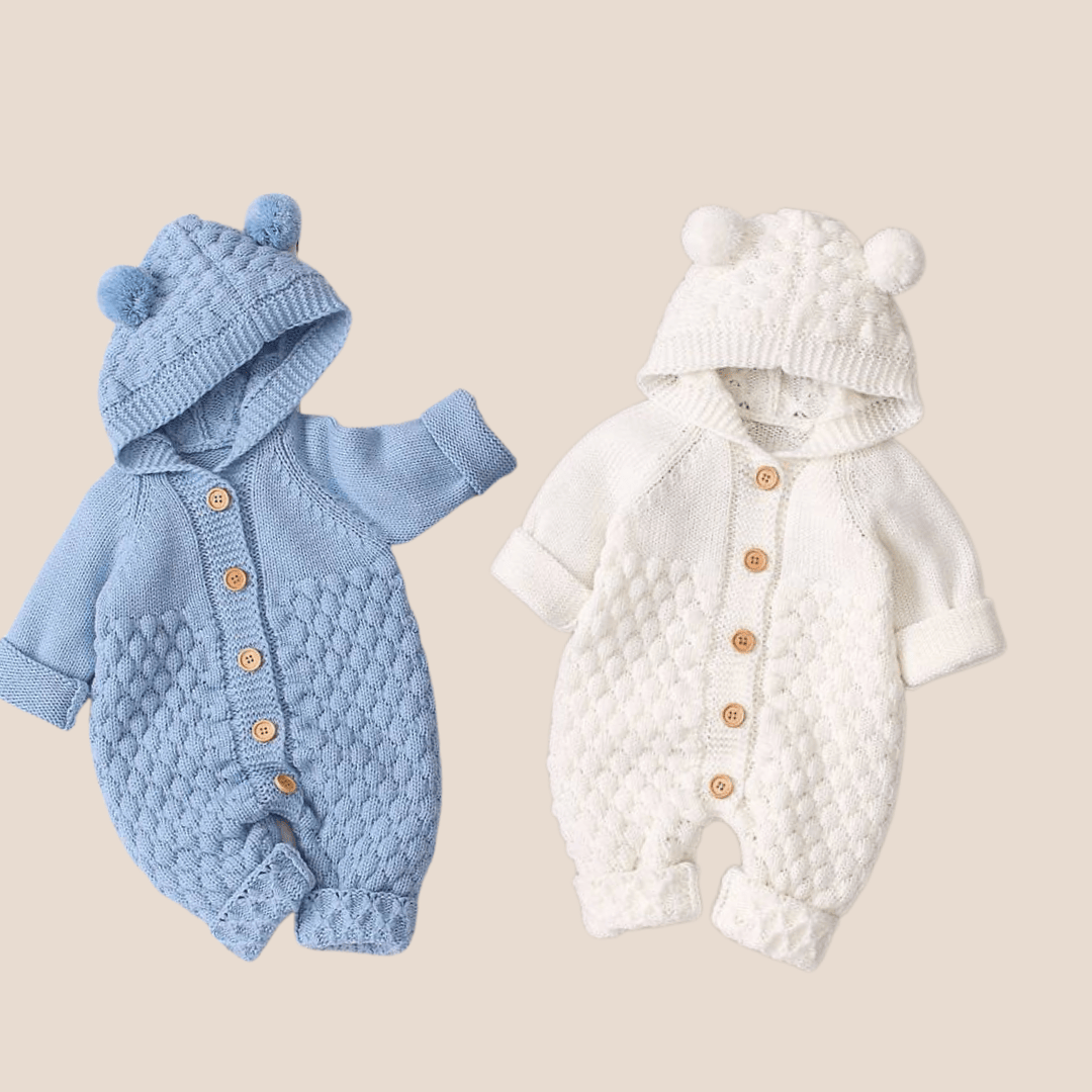 Cotton Craft baby apparel Cozy Bear Ear Hooded Baby Knit Romper 0-6 Months Personalized and custom baby gifts