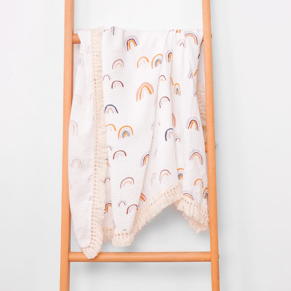Cotton Craft Muslin cotton swaddle blanket Fringed Rainbow swaddle Blanket Personalized and custom baby gifts