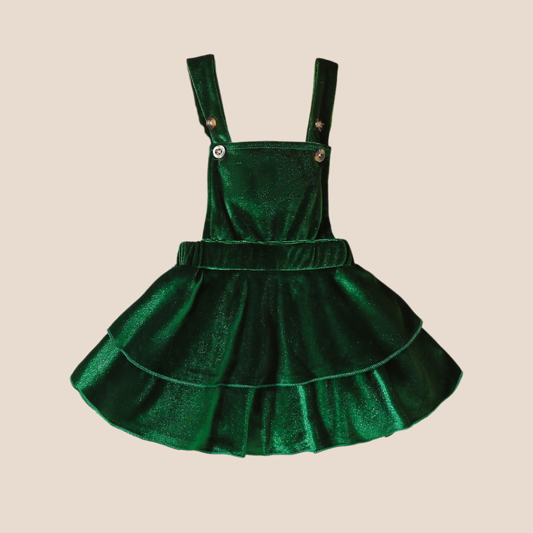 Emerald Velvet & Cotton Holiday Suspender Baby Skirt Set