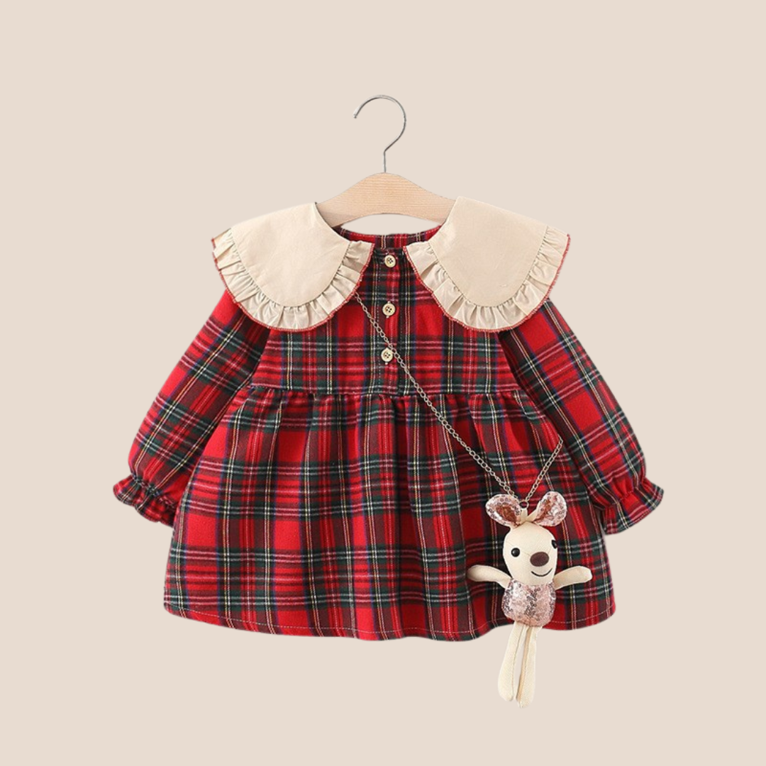Baby Girl Plaid Festive Dress with Stuffed Toy 6-12 Months