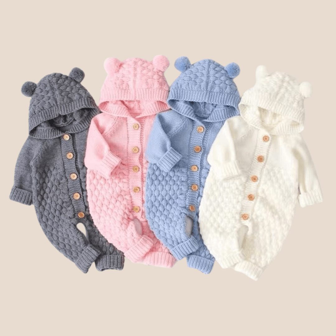 Cotton Craft baby apparel Cozy Bear Ear Hooded Baby Knit Romper 0-6 Months Personalized and custom baby gifts