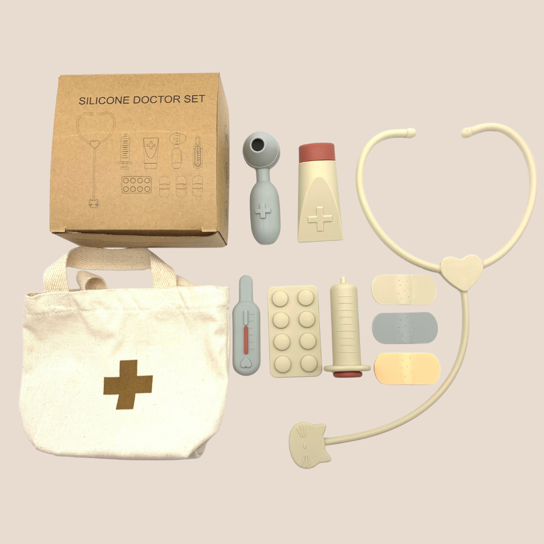 Canvas tote with silicone doctor tools for pretend play in modern neutral colors