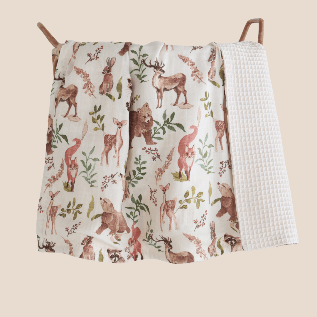 Cotton Craft bamboo cotton blanket Reversible Bamboo Muslin & Waffle Cotton Baby Blanket – Woodland Animal Print Personalized and custom baby gifts