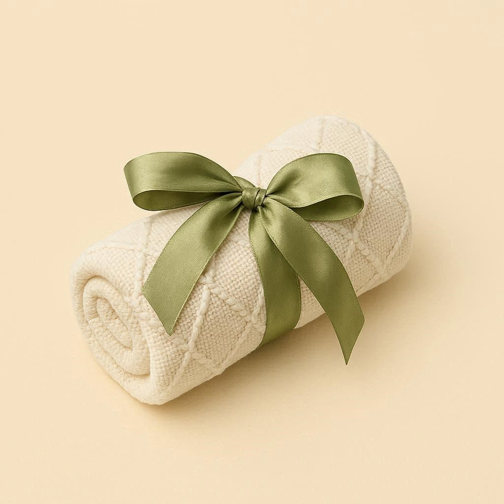 Rolled-up white blanket with a green ribbon on a beige background