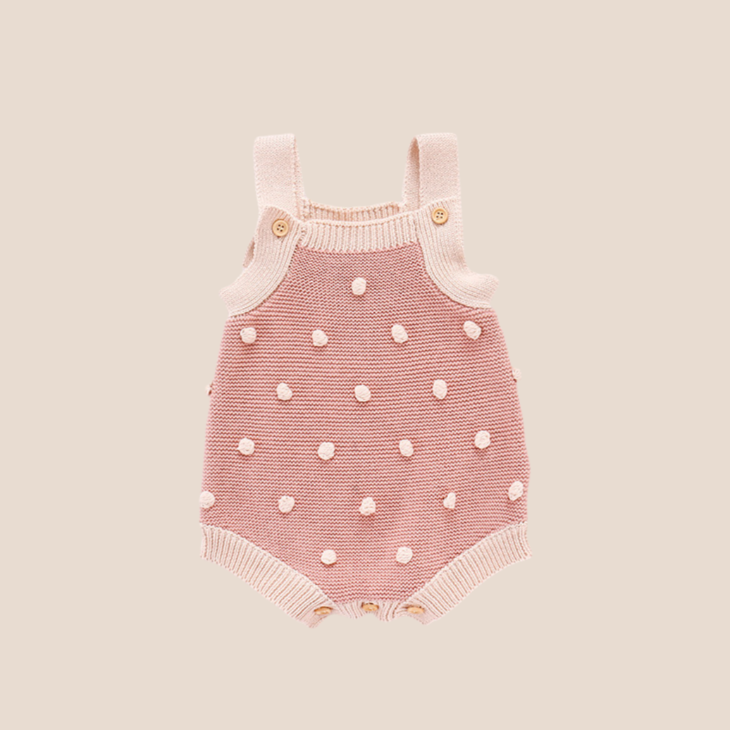 Baby Girl Cotton Knit Bobble Romper and Hand Tied Bow Set