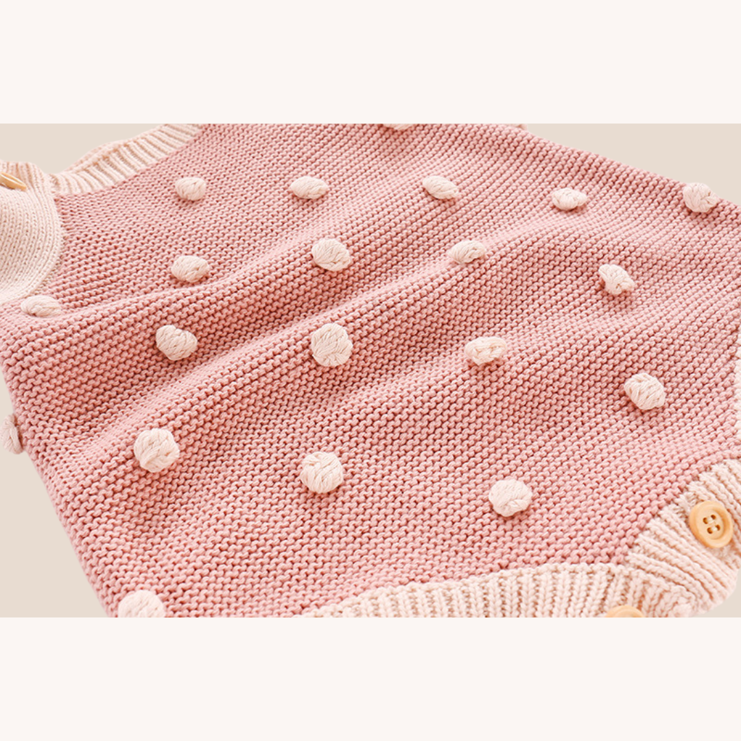 Baby Girl Cotton Knit Bobble Romper and Hand Tied Bow Set