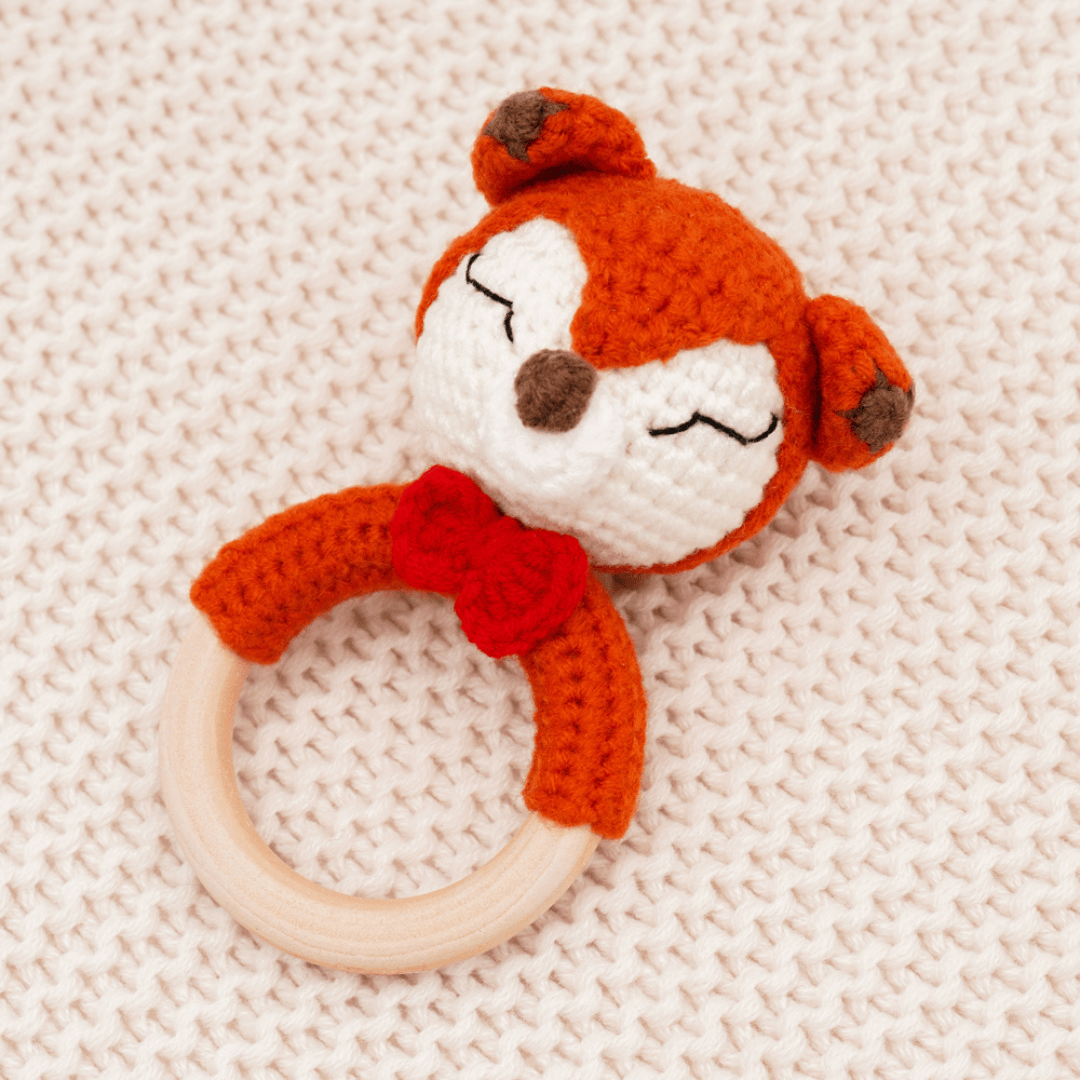 Cotton Craft knitted baby rattle toy Hand Knitted Red Fox Rattle Toy Personalized and custom baby gifts