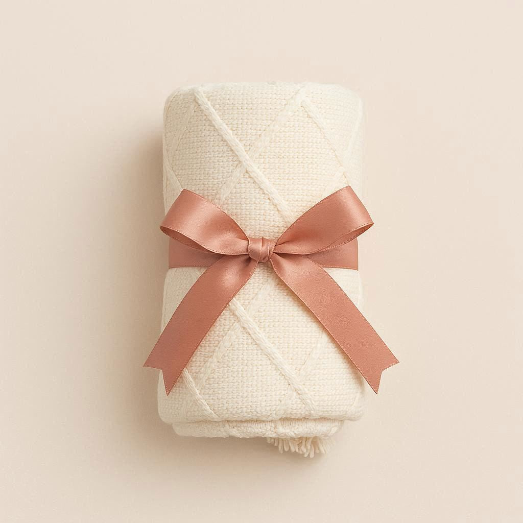 Folded white blanket with a pink ribbon on a beige background