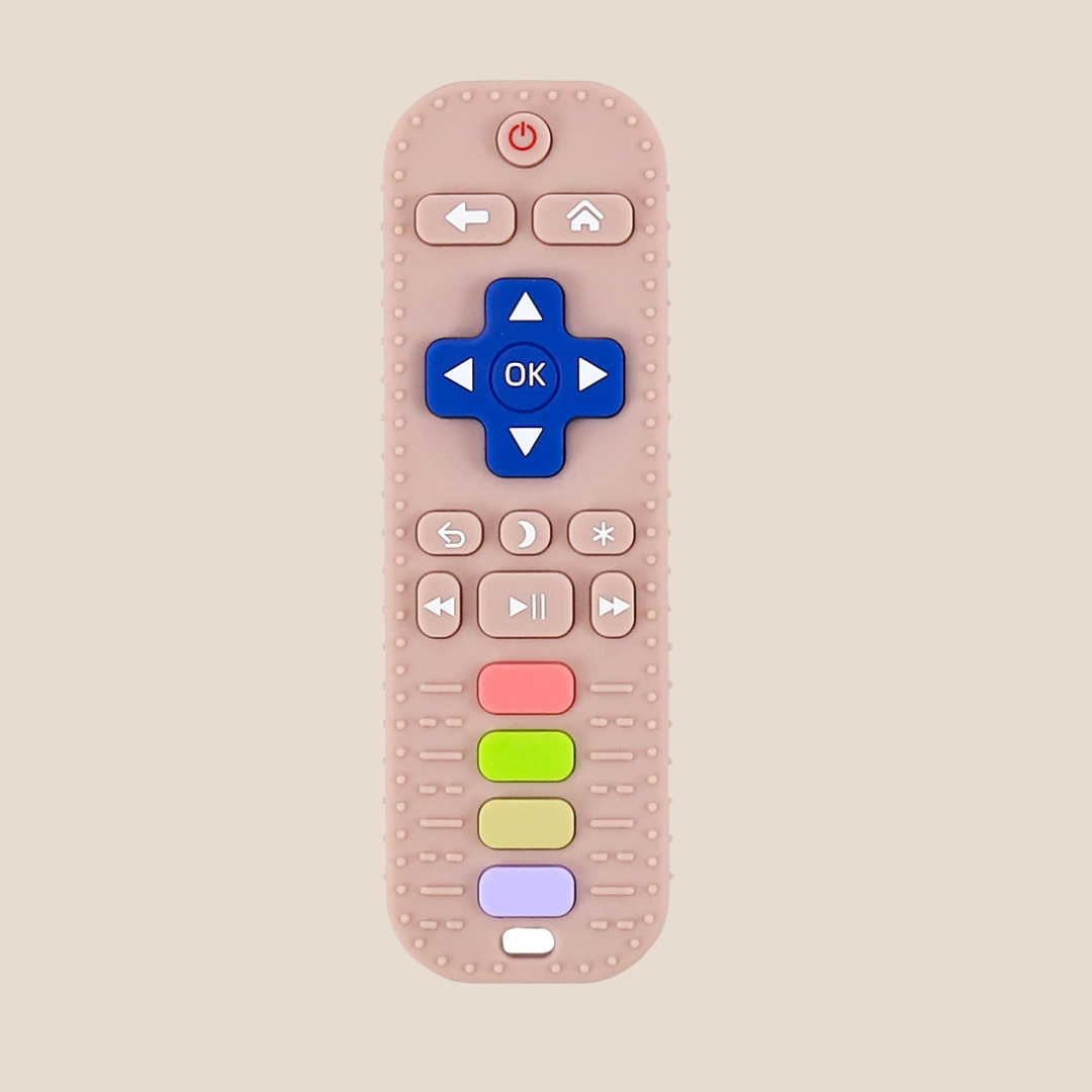 Cotton Craft BPA-free silicone baby remote sensory toy in blush pink with colorful raised buttons
