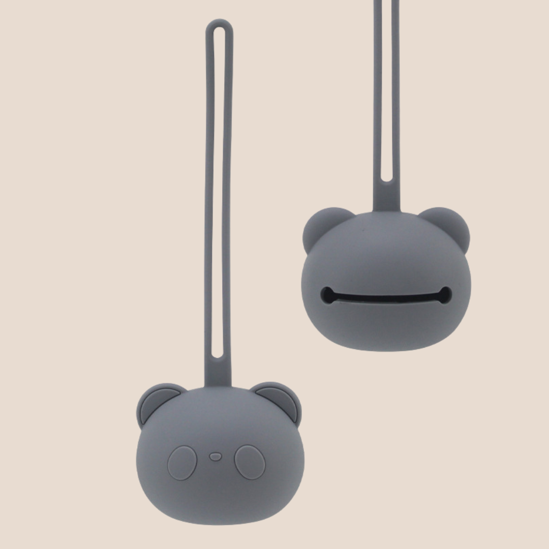 Cotton Craft charcoal gray silicone bear pacifier holder case with flexible hanging strap