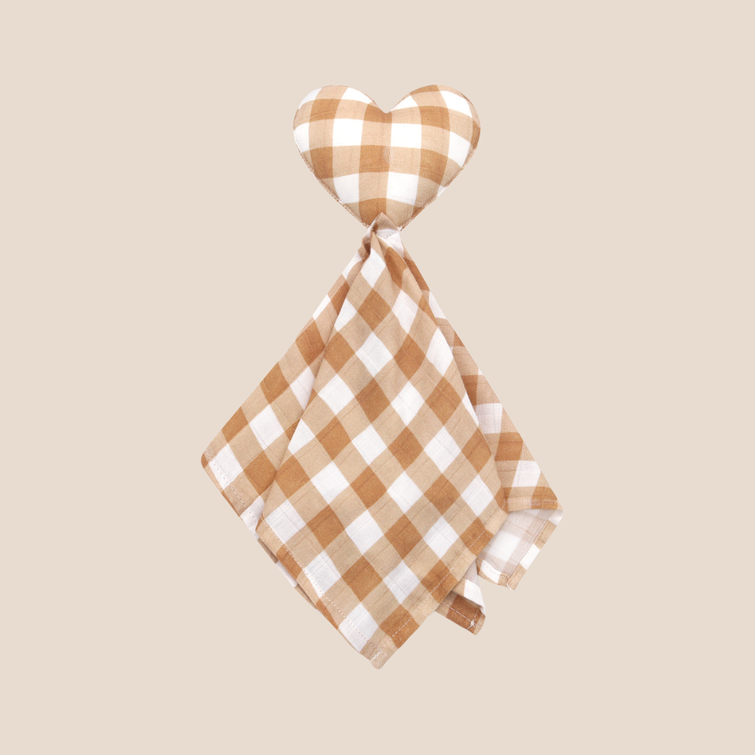 Organic cotton muslin baby lovey security blanket with caramel check heart comfort head