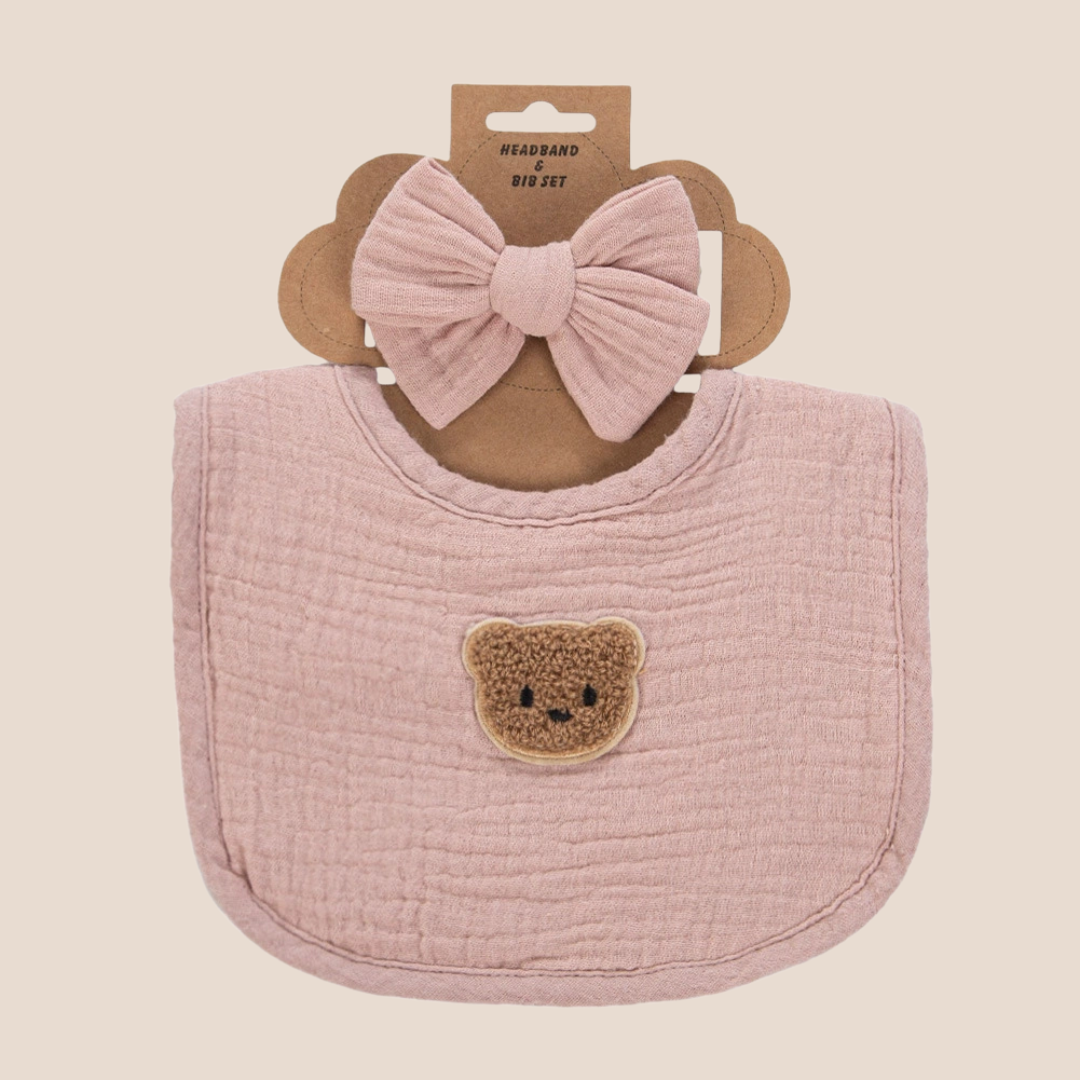 Organic Cotton Muslin Baby Bib and matching bow headband set with teddy bear embroidery.