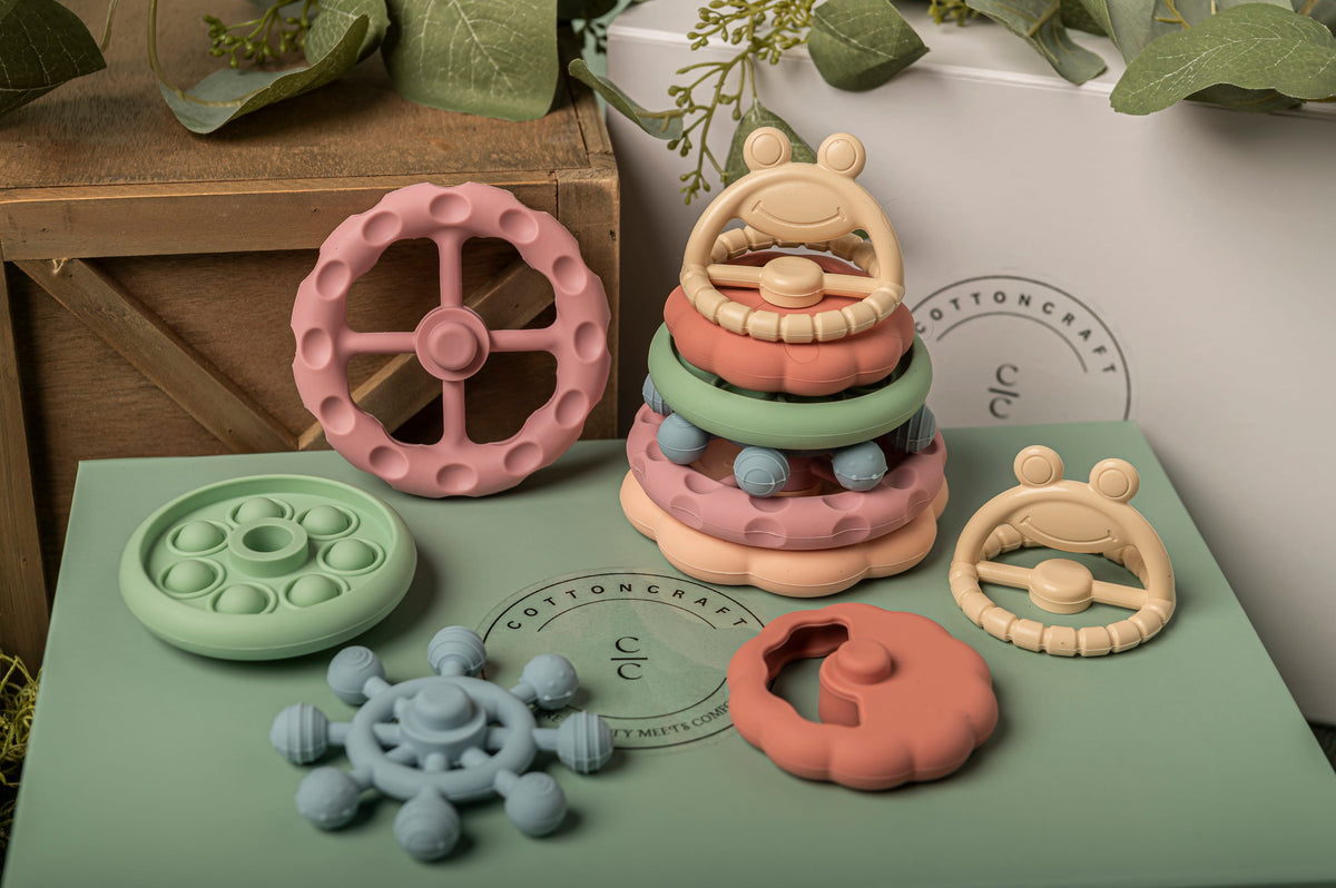 Cotton Craft Baby toy and teether Happy Froggie Silicone Teether & Stacker Set Personalized and custom baby gifts