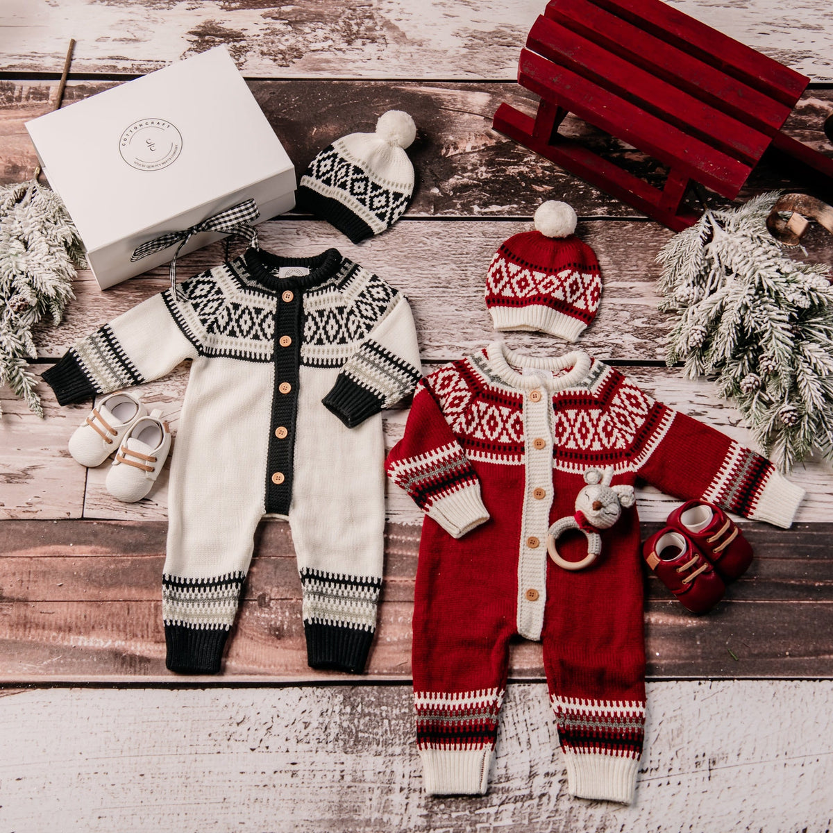 Cotton Craft baby apparel Baby Boy Jacquard Knitted Romper and Hat Set 0-6 Month Personalized and custom baby gifts