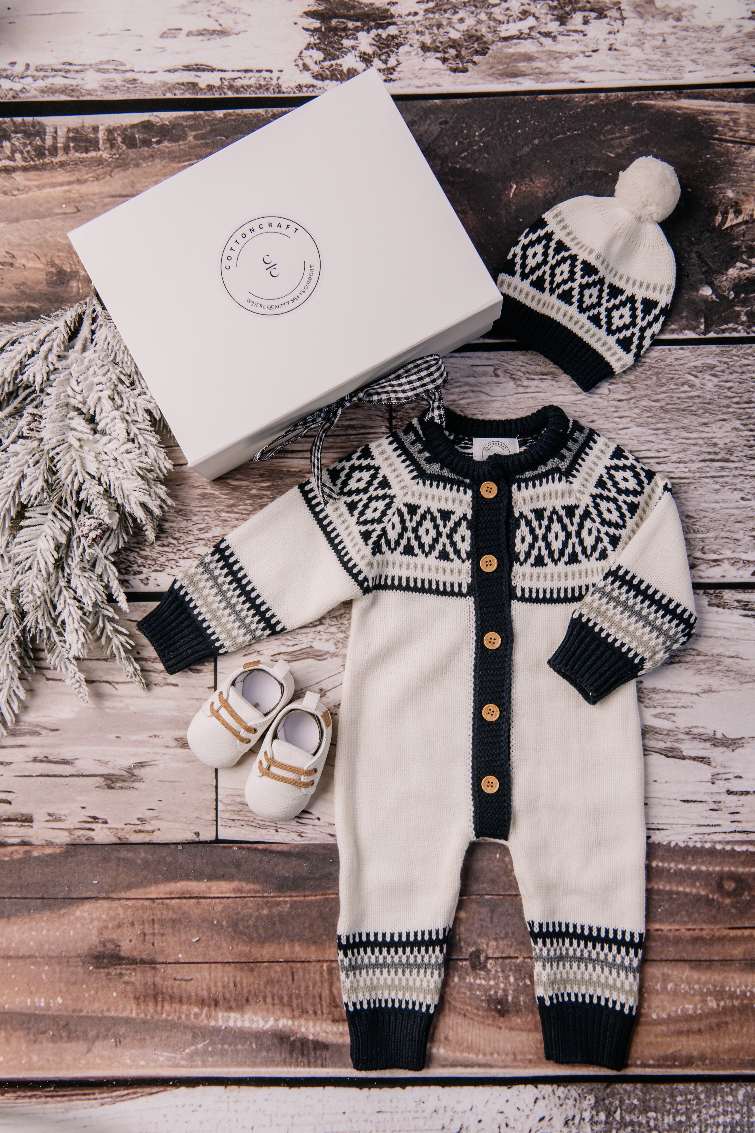 Baby Boy Jacquard Knitted Romper and Hat Set