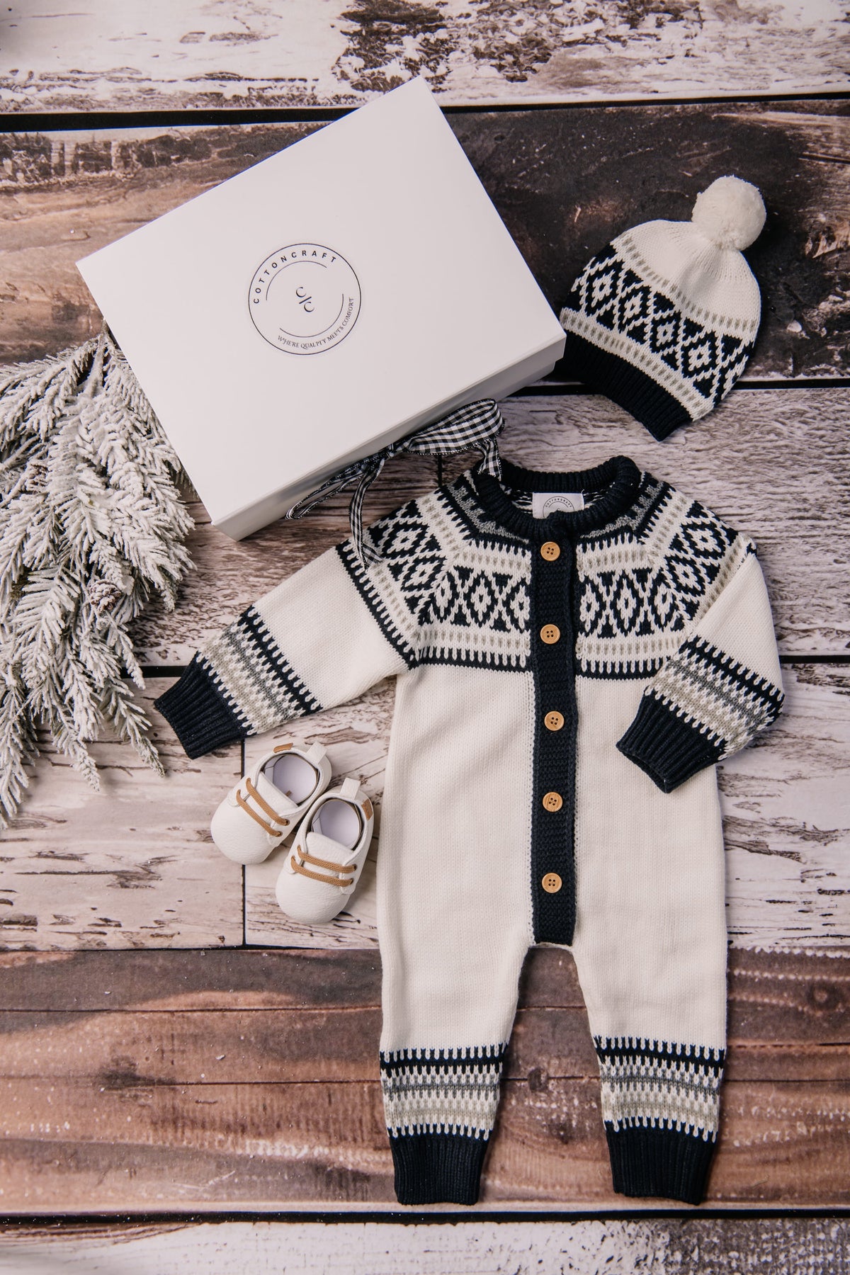 Cotton Craft baby apparel Baby Boy Jacquard Knitted Romper and Hat Set 0-6 Month Personalized and custom baby gifts