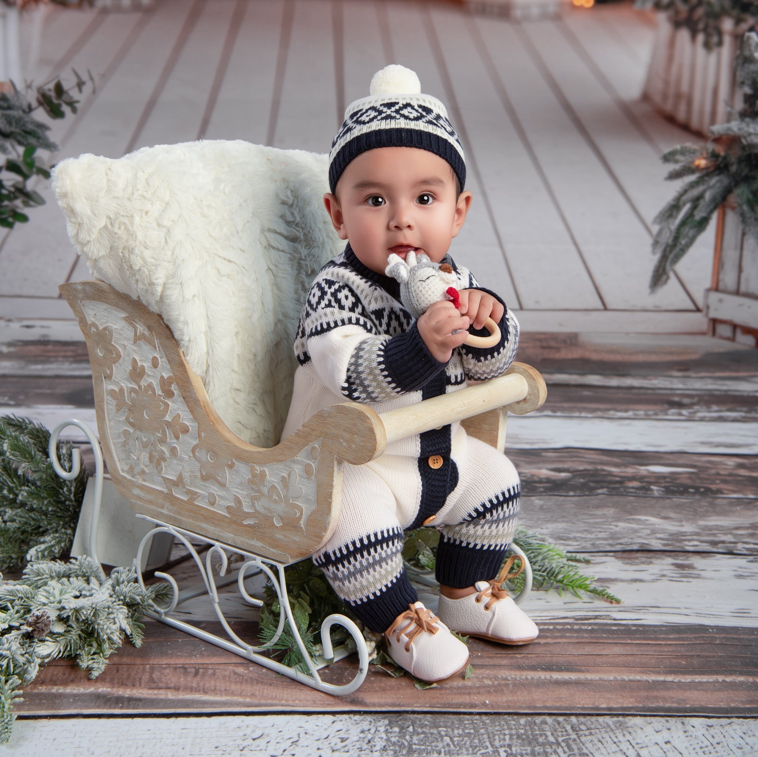 Baby Boy Jacquard Knitted Romper and Hat Set
