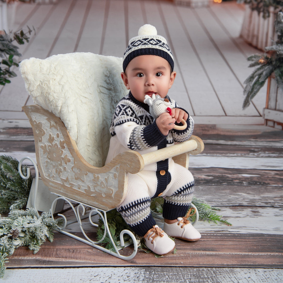 Cotton Craft baby apparel Baby Boy Jacquard Knitted Romper and Hat Set 0-6 Month Personalized and custom baby gifts