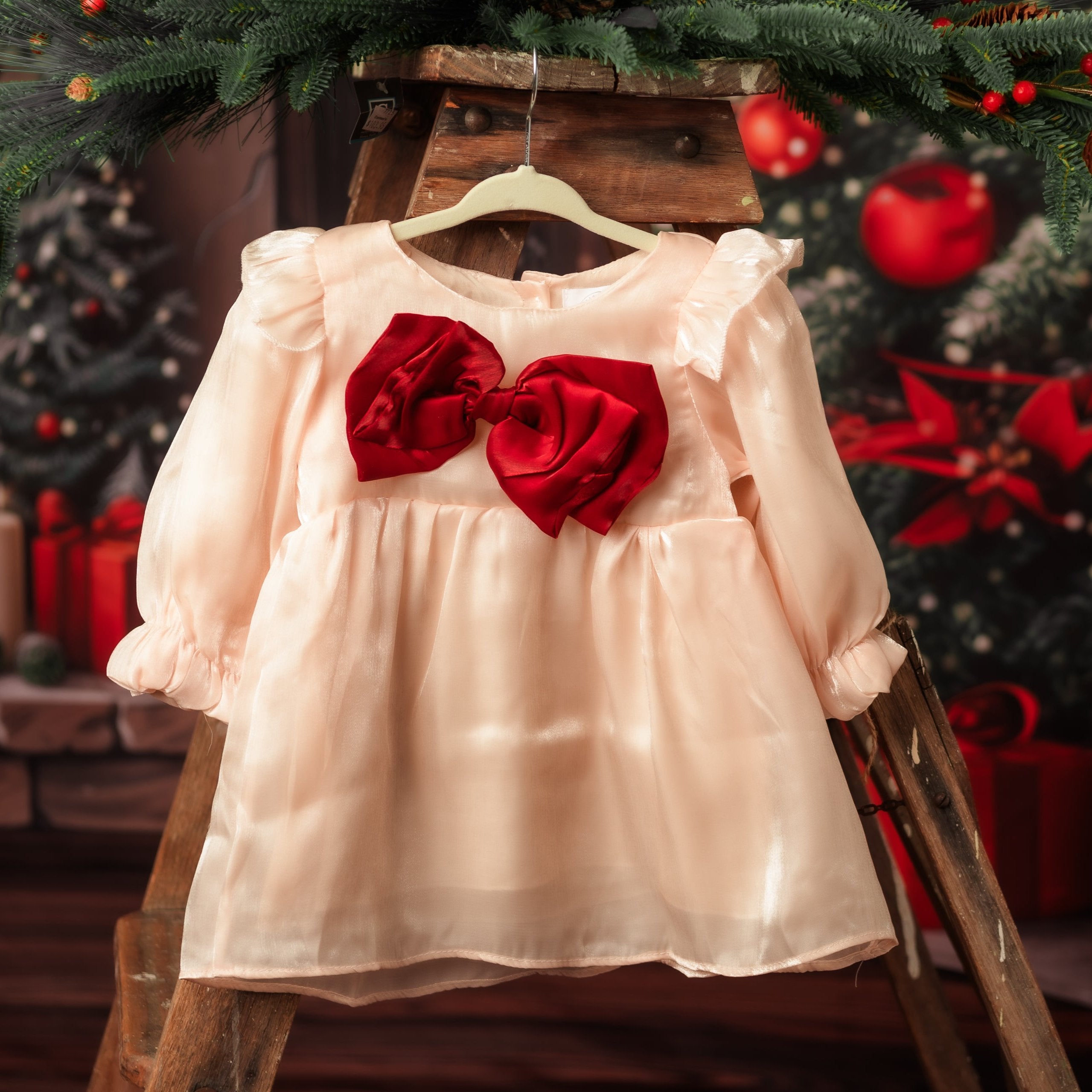 Baby Girl Bow Tie Flared Christmas Dress, front