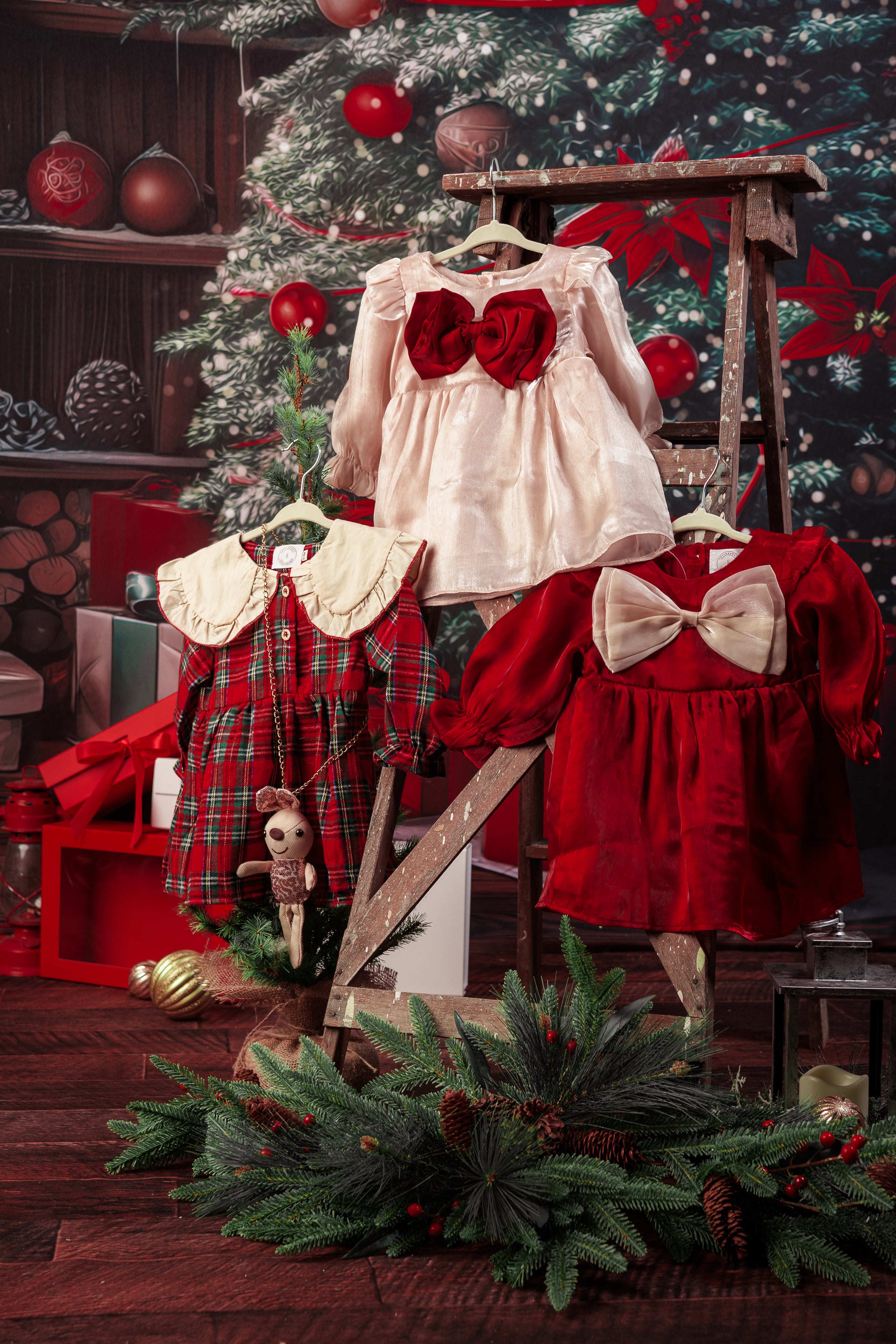 Baby Girl Plaid Festive Dress with Stuffed Toy 6-12 Months