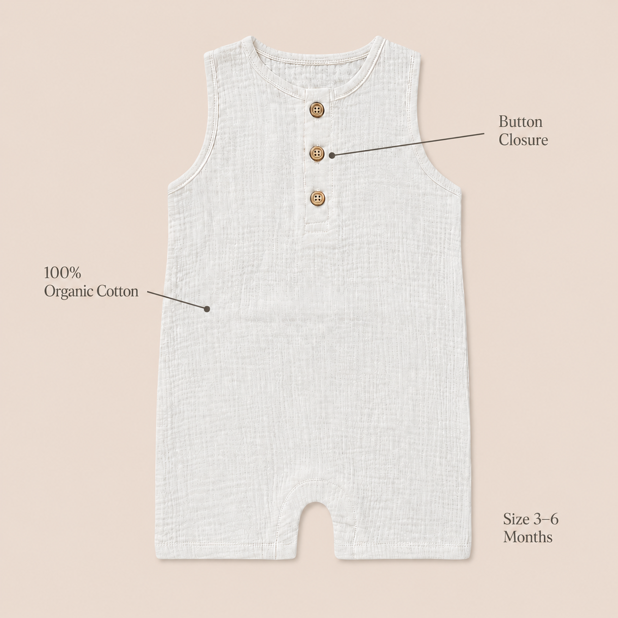 Organic Cotton Sleeveless Henley Baby Romper – 3–6 Months