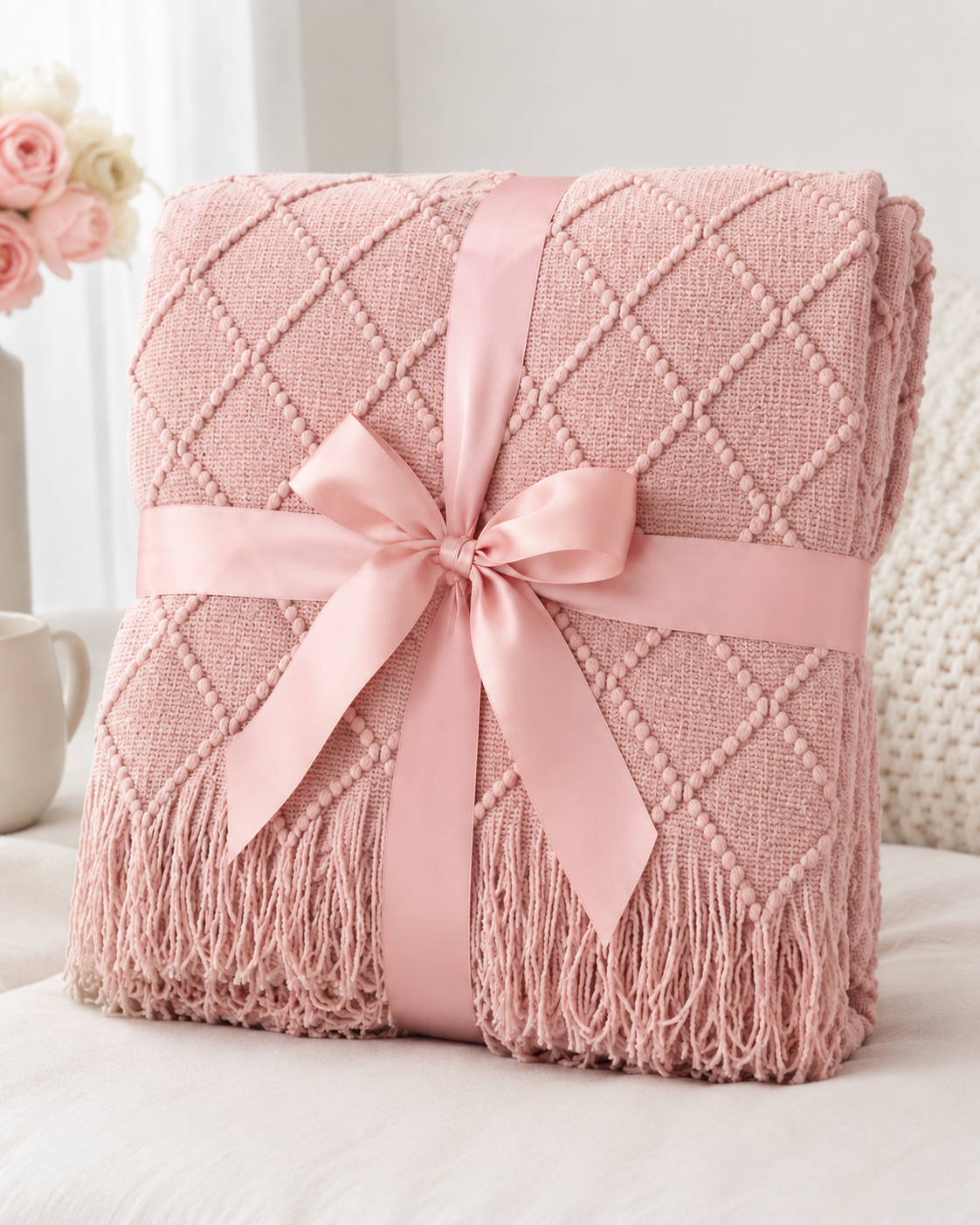 Blush pink diamond knit throw blanket with fringe