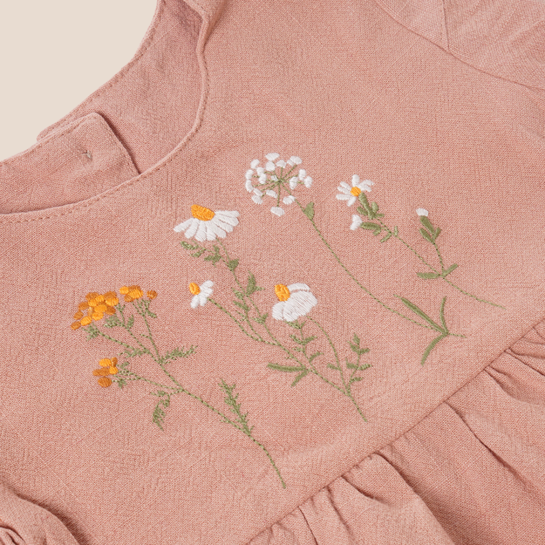 Clay Rose Flutter Sleeve Romper – Embroidered Wildflower Baby Outfit