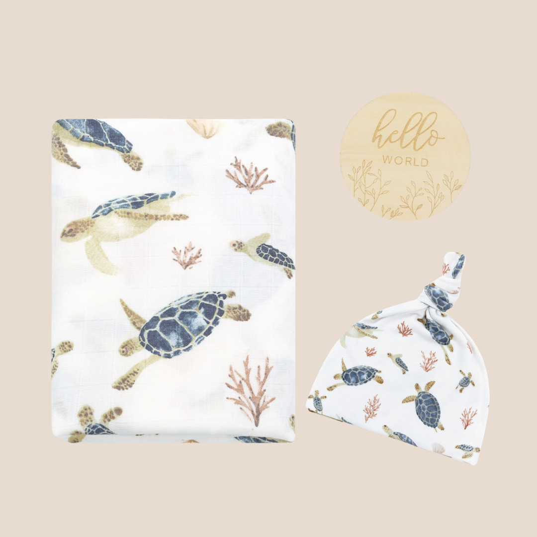Organic Bamboo Cotton Baby Swaddle Gift Set with Hat & Wooden Birth Card