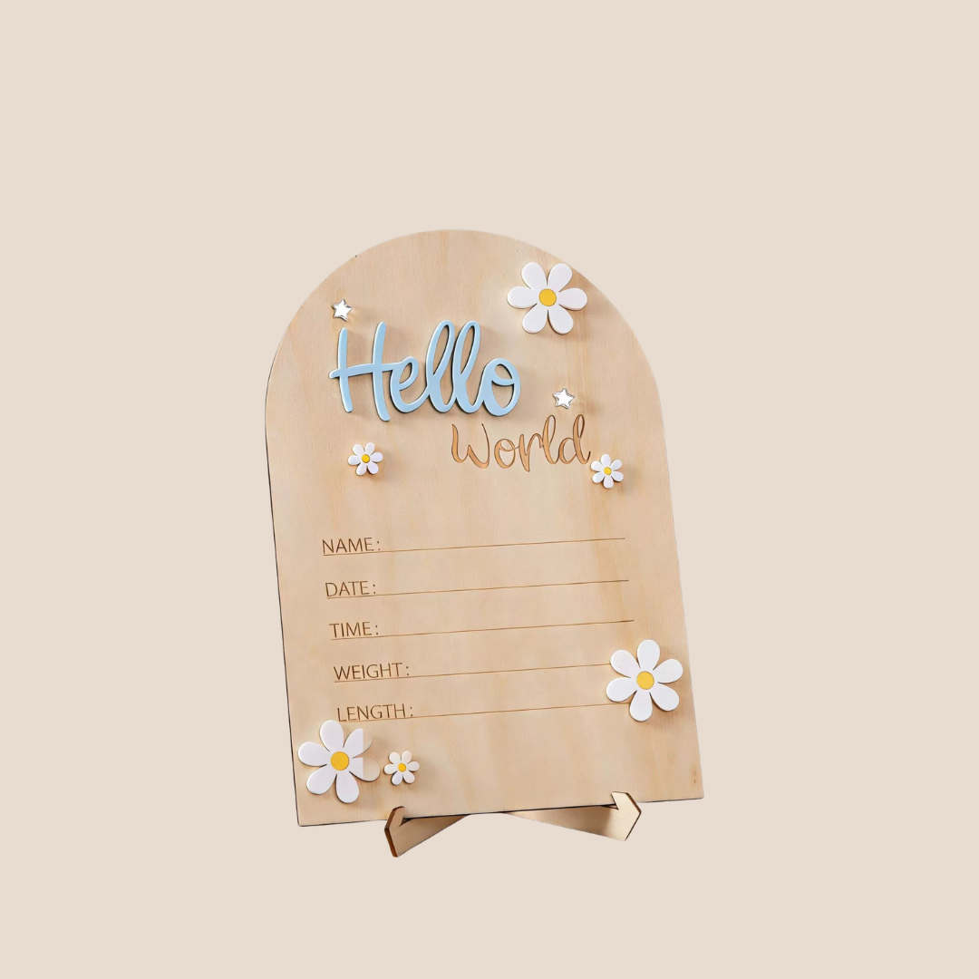 blue wooden newborn milestone sign birth details photo prop