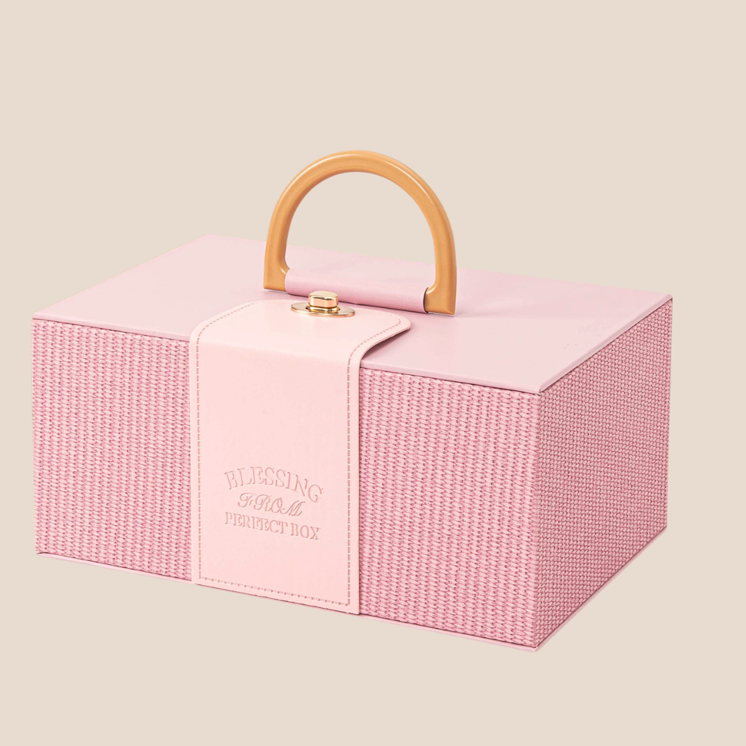 luxury baby gift box with bamboo handle and leather wrap premium packaging