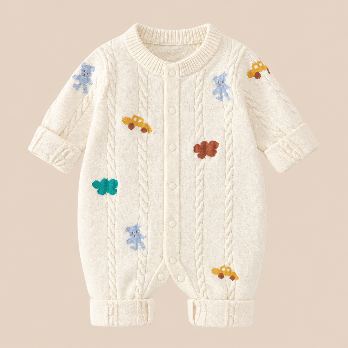 Cotton Craft Little Explorer Knit Baby Romper in cream with colorful teddy bear and car designs.