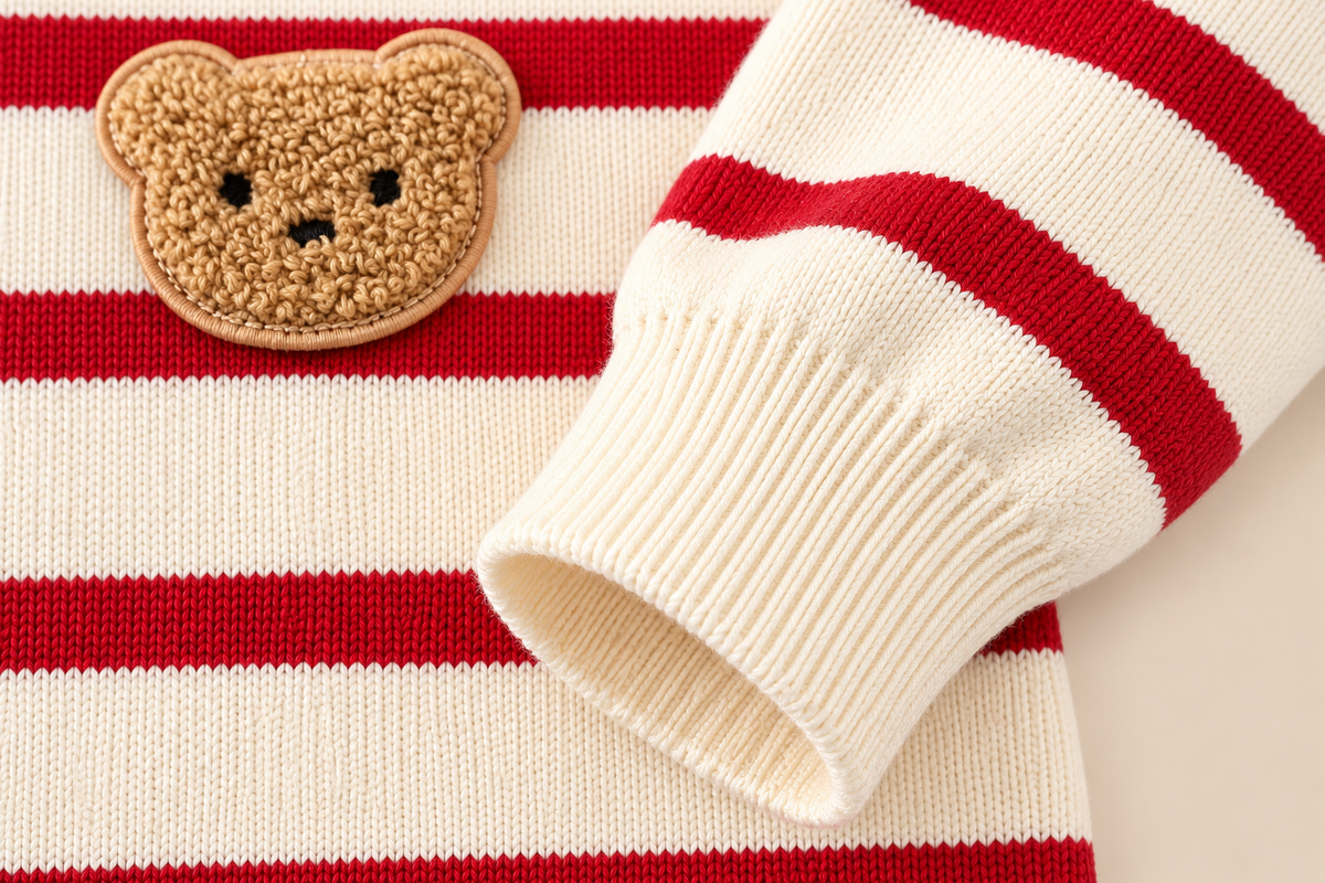 Cotton Craft Little Teddy striped knit baby romper in red and cream with navy blue trim and teddy bear patch.